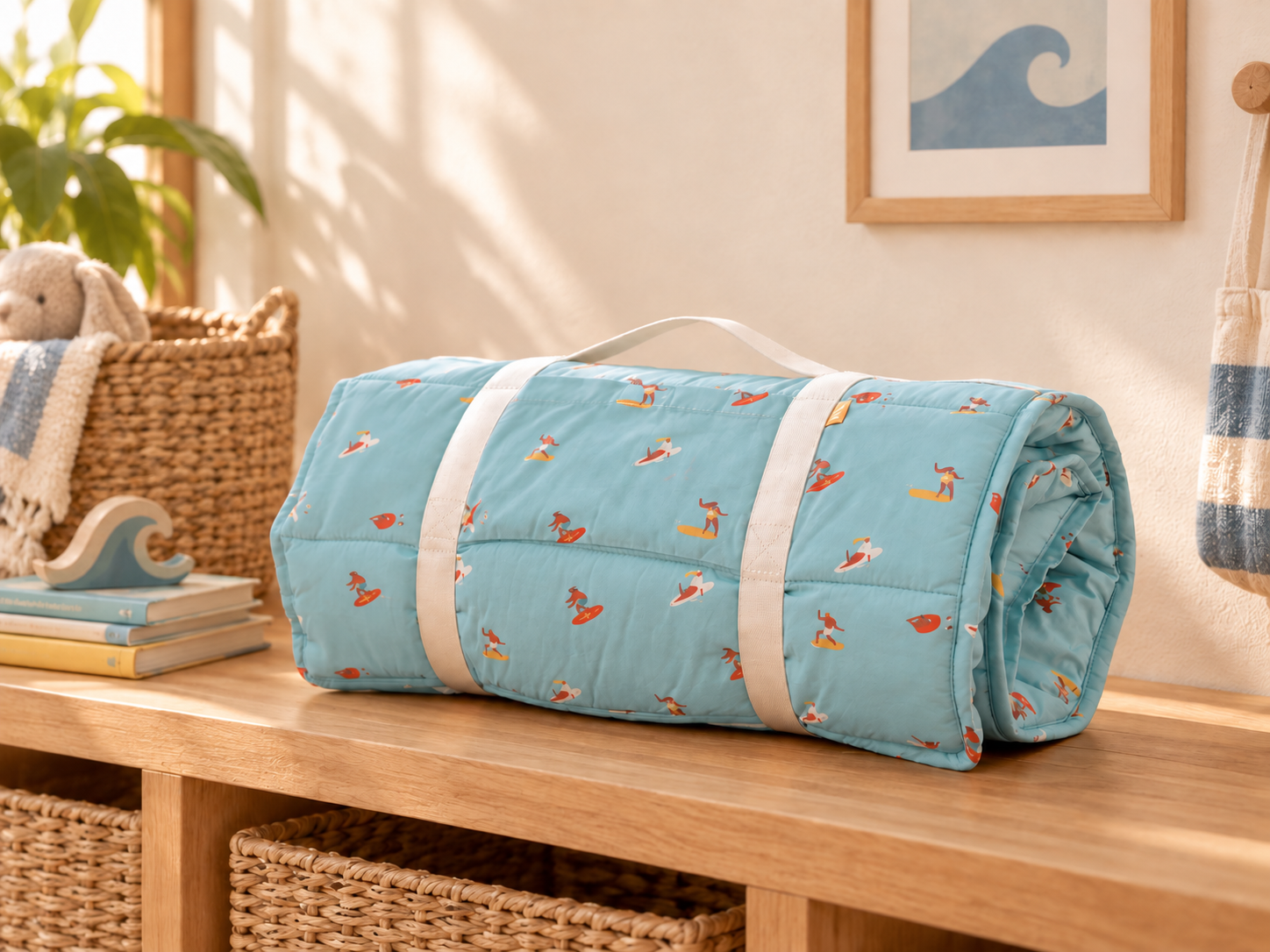 Little Surfer nap mat rolled with cream straps